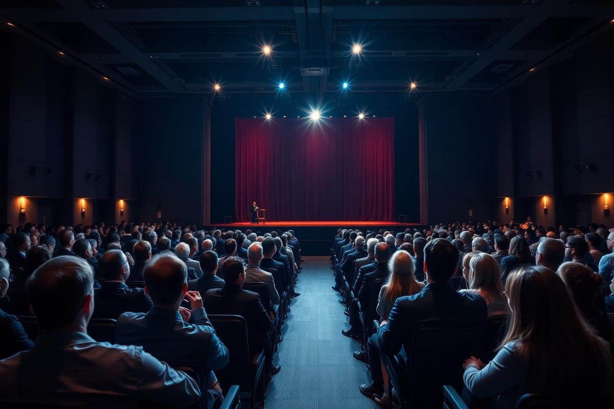 Corporate event audience facing a lit stage, an audience for branded Original Air Drums giveaways